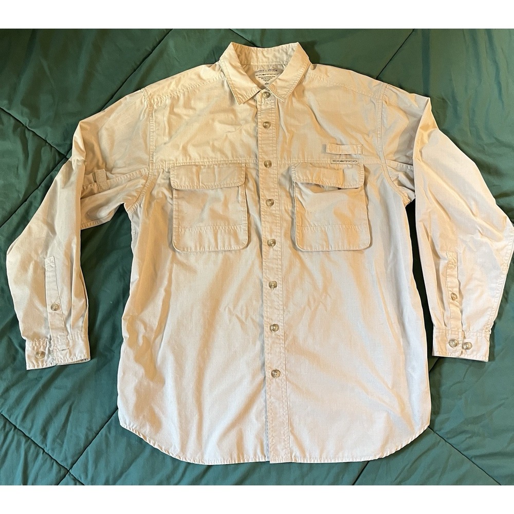 ExOfficio Insect Shield Mens Large Tan Khaki Vented Hiking Fishing Shirt L